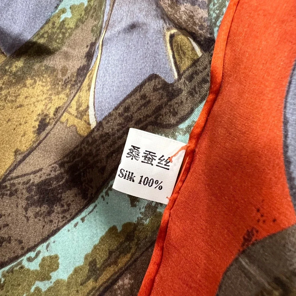Tongyu 100% Silk Scarf Orange Ancient Chinese Coin Print Square Hand Rolled 21in